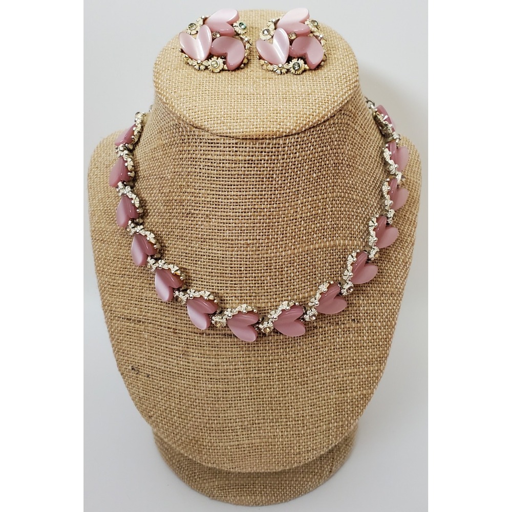 Vintage Necklace‎ Earrings BSK Thermoset Pink Hearts Flowers Coquette Romantic